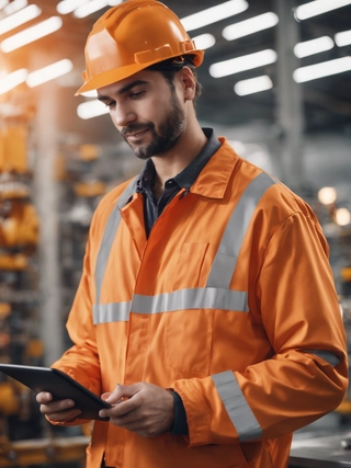 Black man with yellow helment holding and looking at his phone